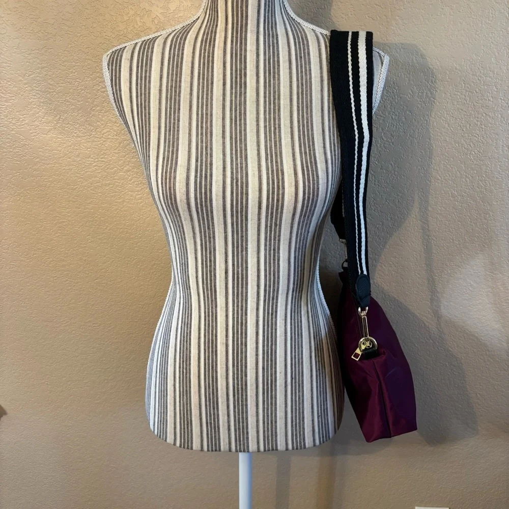 Nylon Crossbody Bag Purple Black White Striped Strap Gold-tone Hardware Zip Top